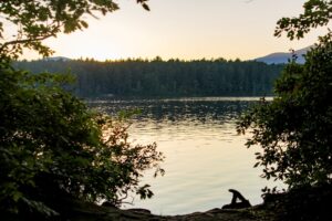 Vacker solnedgång vid sjö